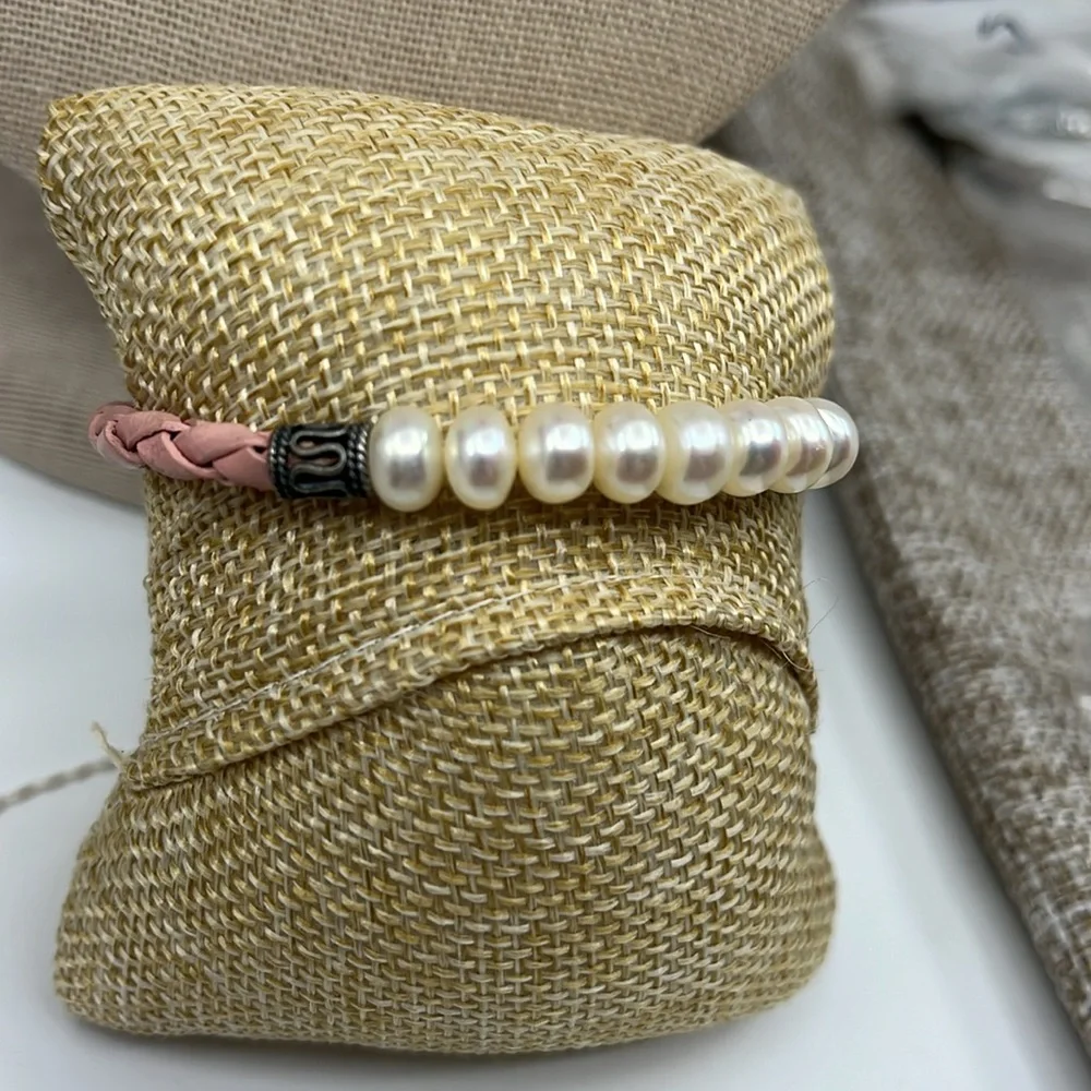 🌸 Vintage Honora Pink Leather & Pearl Bracelet - 7.25" Lobster Clasp - Picture 3 of 9